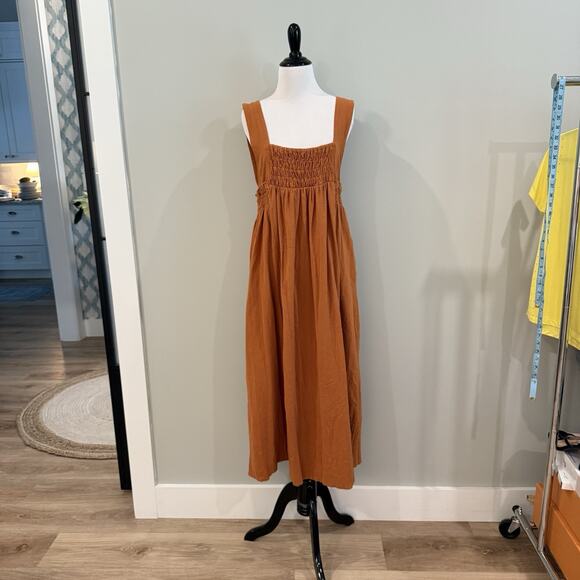 Free People Dress Size Small Delphine Midi Tank Smocked Cotton Billowy Sienna - Picture 2 of 15
